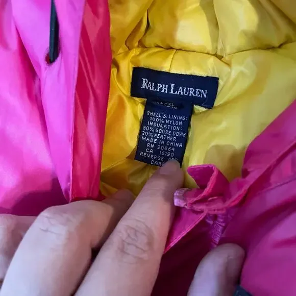 VTG Ralph Lauren Goose Down SnowSuit Bunting 12m-24m Pink & Yellow Puffer Zipper - Picture 6 of 11